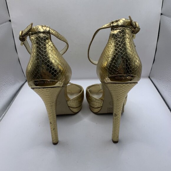 Michael Kors Brenna T Strap Peep Toe Sandal metallic gold High Heels Sz 9.5M E2 - Picture 5 of 7